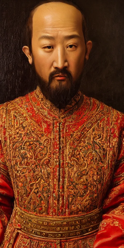 Image similar to Highly detailed and cinematic Renaissance period portrait oil painting Kublai Khan, an oil painting ((masterpiece)) by ((Josep Tapiró Baró)), dynamic lighting, 8K