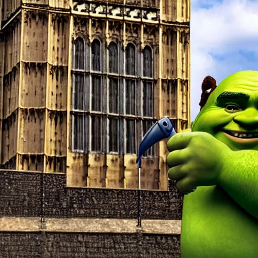 Image similar to shrek with a hammer next to the big ben