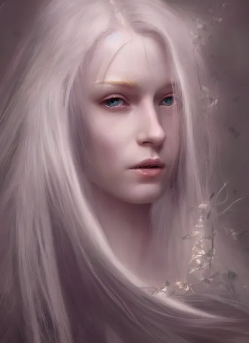 Image similar to pale, beautiful fairy spirit with long hair, fantasy, elegant, concept art, sharp focus, beautiful face!!, digital art, Hyper-realistic, 4K, Unreal Engine, Highly Detailed, HD, Dramatic Lighting, Beautiful, by Brom, trending on Artstation