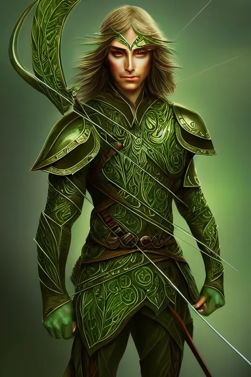 Image similar to male elven Archer armor made of green leaves, fantasy, amber eyes, face, long hair, intricate, elegant, highly detailed, digital painting, artstation, concept art, smooth, sharp focus, illustration