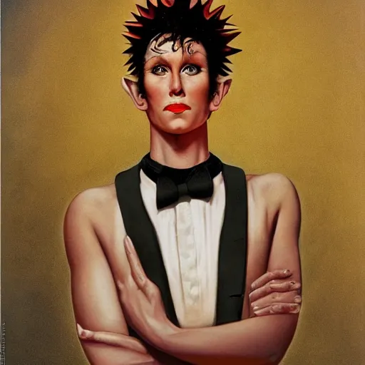 Prompt: portrait of a nonbinary actor with tanned skin and spiky short red hair wearing a men's suit, she has elf ears and gold eyes, by Gerald Brom and Grant Wood