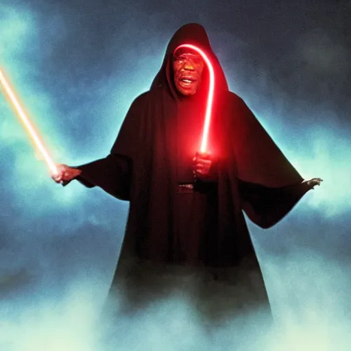 Image similar to Morgan Freeman as a sith lord wearing a hooded black robe with glowing red eyes and casting lightning from his hands