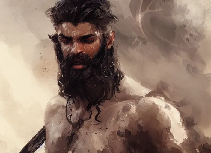 Image similar to Arab warrior, beard, wavy hair, muscular ,digital art,realistic,detailed,art by greg rutkowski