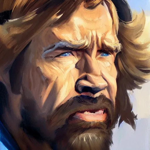 Image similar to greg manchess portrait painting of chuck norris as overwatch character, medium shot, asymmetrical, profile picture, organic painting, sunny day, matte painting, bold shapes, hard edges, street art, trending on artstation, by huang guangjian and gil elvgren and sachin teng