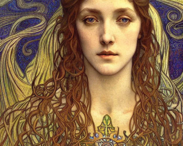 Image similar to detailed realistic beautiful young medieval queen face portrait by jean delville, alphonse mucha, vincent van gogh, and marco mazzoni, art nouveau, symbolist, visionary, gothic, pre - raphaelite