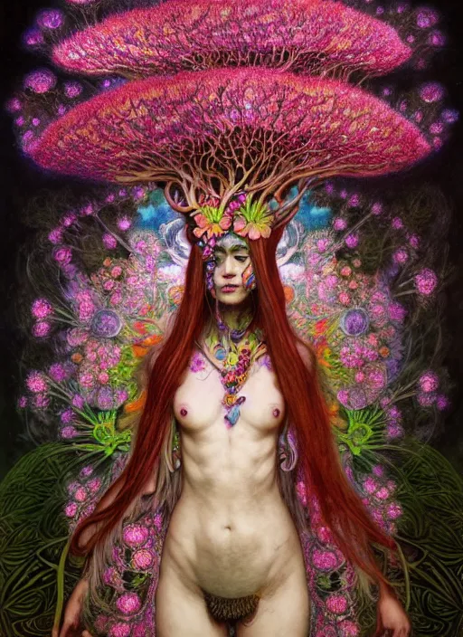 Image similar to extremely psychedelic organic shaman made of orchid and cherry blossom tree and mushroom, diffuse lighting, fantasy, intricate, elegant, highly detailed, lifelike, photorealistic, digital painting, artstation, illustration, concept art, smooth, sharp focus, art by John Collier and Albert Aublet and Krenz Cushart and Artem Demura and Alphonse Mucha