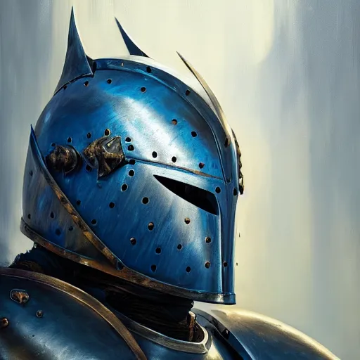 Image similar to beautiful oil portrait painting of blue alwyte armor, medieval armor, knight, natural light, outside. artstation, concept art, smooth, sharp focus, illustration, by bartek fedyczak, erak note, tooth wu, neil richards, kan liu, siwoo kim, jisu choe