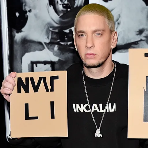 Image similar to eminem with a sign saying i love nfts