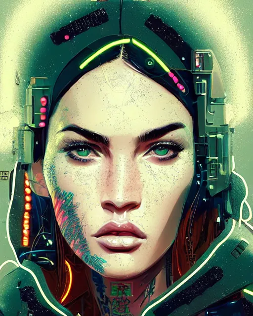 Prompt: detailed portrait Megan Fox Neon Operator Girl, cyberpunk futuristic neon, reflective puffy coat, decorated with traditional Japanese ornaments by Ismail inceoglu dragan bibin hans thoma greg rutkowski Alexandros Pyromallis Nekro Rene Maritte Illustrated, Perfect face, fine details, realistic shaded, fine-face, pretty face