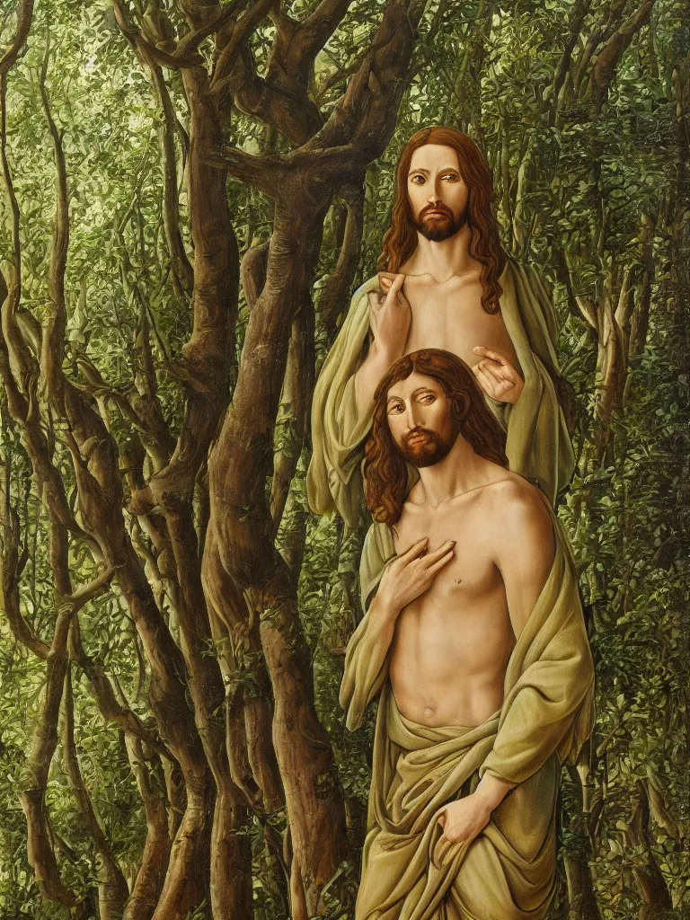 Prompt: Portrait of Jesus Christ as an elven king in a lush forest. Oil painting in the style of Botticelli. Fantasy art. 4k.