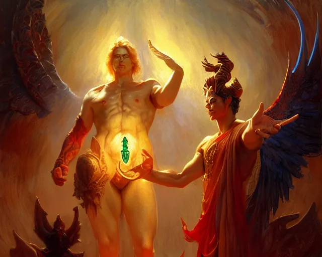 Image similar to attractive male deity, casting demonic magic, summoning handsome lucifer morning star. highly detailed painting by gaston bussiere, craig mullins, j. c. leyendecker 8 k