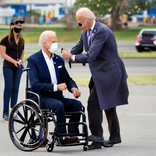 Image similar to joe biden in a wheelchair licking lollypop