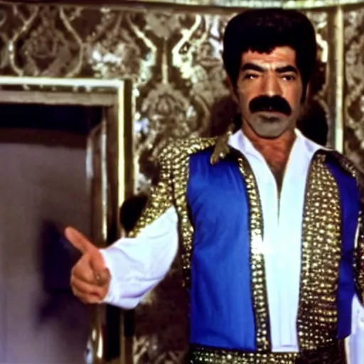 Image similar to A movie still of Saddam Hussein wearing a disco suit in Satuday Night Fever