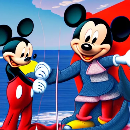 Prompt: mickey mouse is fishing a giant fish