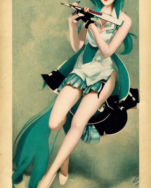 Image similar to hatsune Miku by Gil Elvgren and Enoch Bolle