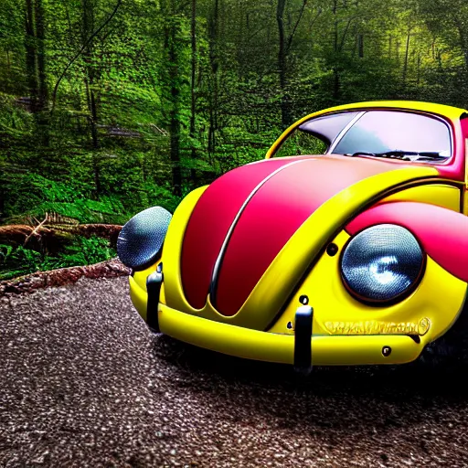 Image similar to promotional scifi - blockbuster movie scene of a ladybug imitating a'glossy volkswagen beetle '. it wings and is flying down a dusty backroad along a gentle creek in smokey mountains tennessee. cinematic, muted dramtic color, 4 k, imax, 7 0 mm, hdr