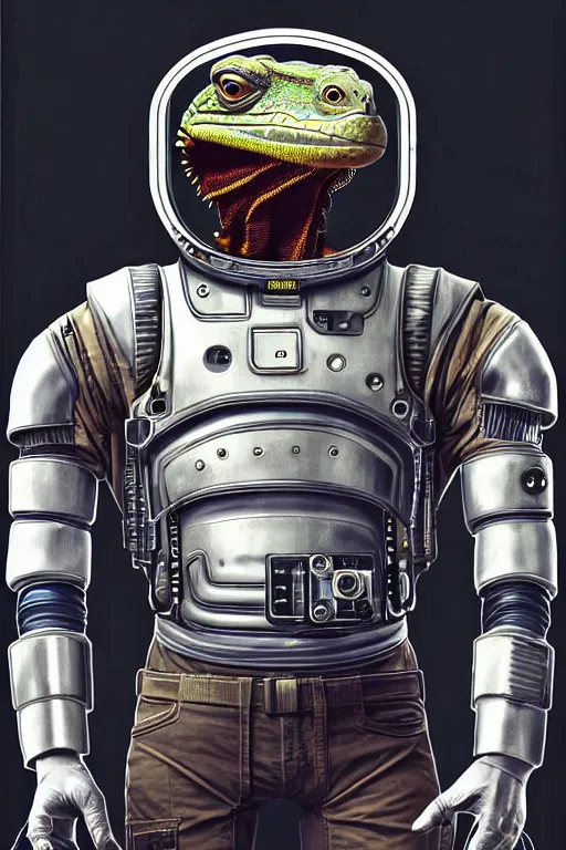 Prompt: a portrait of a muscular anthropomorphic cyberpunk iguana! space mechanic in spacesuit armor with ensignia on chest plate by sandra chevrier, by jon foster, detailed render, pistol in holster, tape deck, epic composition, cybernetics, 4 k realistic, cryengine, realistic shaded lighting, sharp focus, masterpiece, by enki bilal