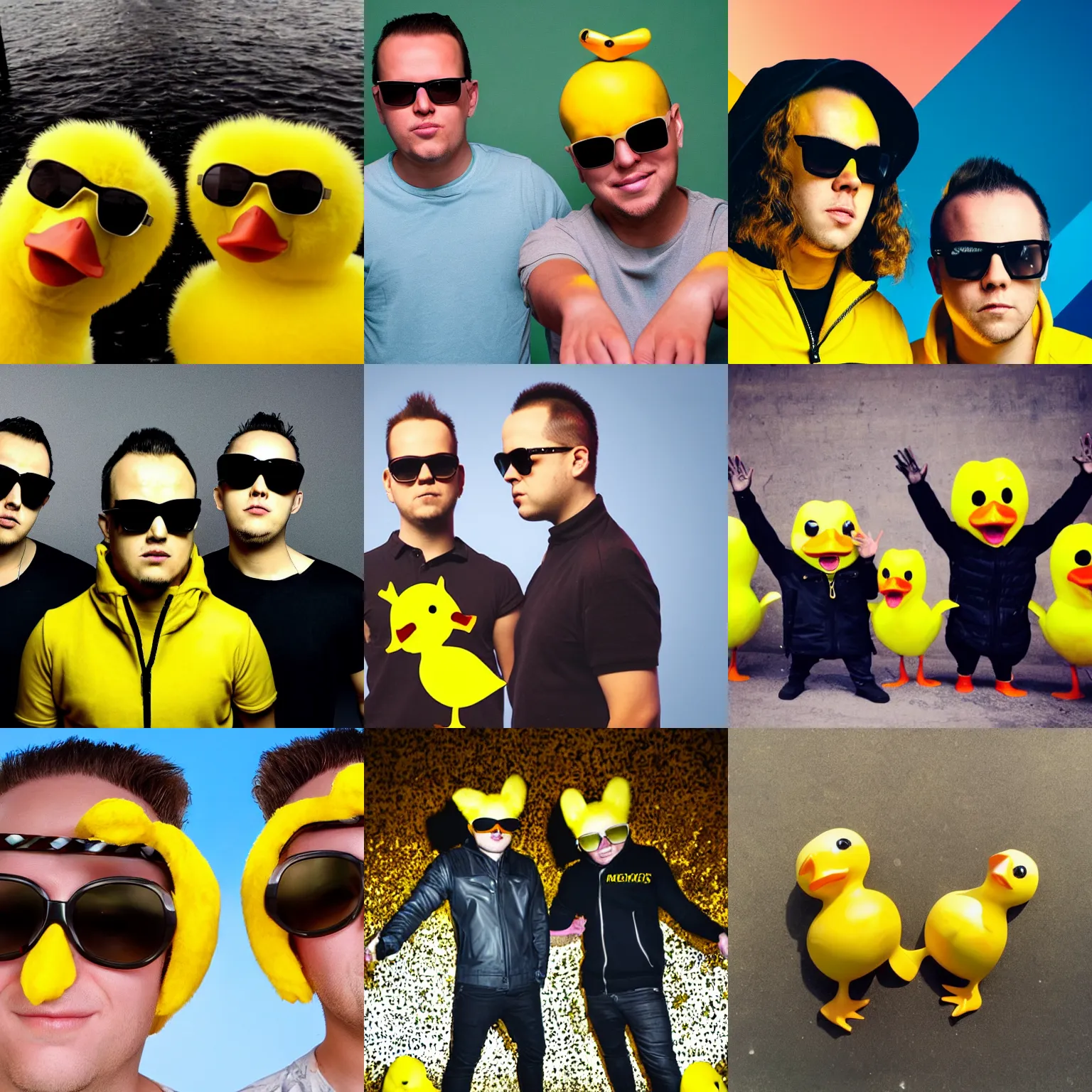 Prompt: Da Tweekaz as yellow ducks with sunglasses