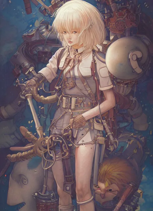 Prompt: prompt : ragnarok online portrait soft light painted by james jean and katsuhiro otomo and erik jones, inspired by akira anime, epic fantasy, a young tinker girl working on a device in her workshop, intricate oil painting, high detail illustration, sharp high detail, manga and anime 1 9 9 9