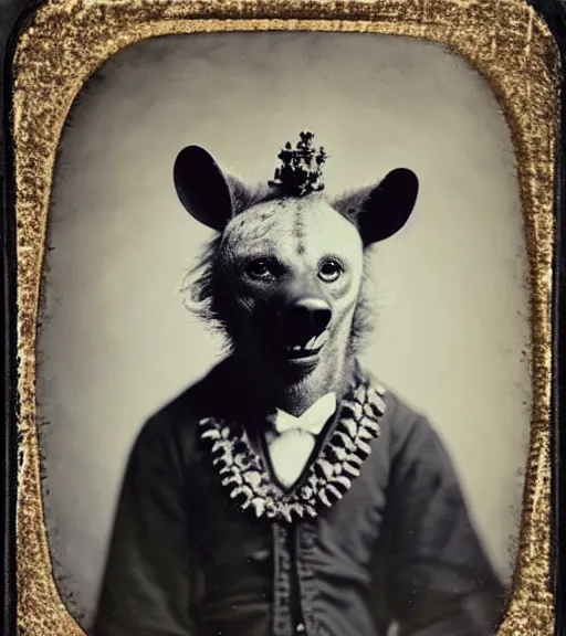 Image similar to professional studio photo portrait of anthro anthropomorphic spotted hyena head animal person fursona smug smiling wearing crown elaborate pompous royal king robes clothes degraded medium by Louis Daguerre daguerreotype tintype