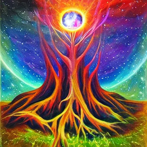 Image similar to the ghost of the world tree radiates rainbow light into the dark cosmos, epic painting