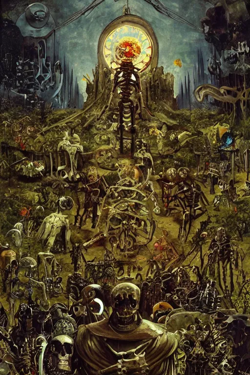 Image similar to a huge skeleton in full plate armor, channeling third eye energy, surrounded by a background of dark cyber mystic garden of earthly delights, midnight hour, painted part by wojciech siudmak, part by ilya repin, part by norman rockwell, part by hype williams, artstation