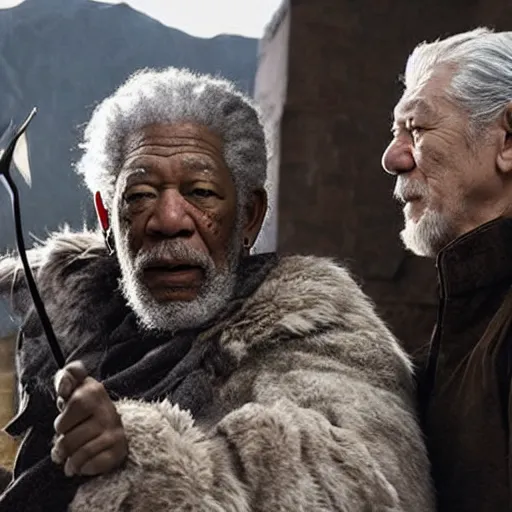 Image similar to morgan freeman playing odin all father from the thor movie, sir ian mckellen shooting arrows from his bow, highly detailed, cinematic shot, cinematic lighting, 8 k, exquisit facial detail