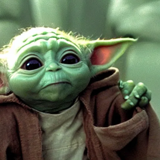 Image similar to a film still of baby yoda as a adult dying in battle in star wars realistic, detailed