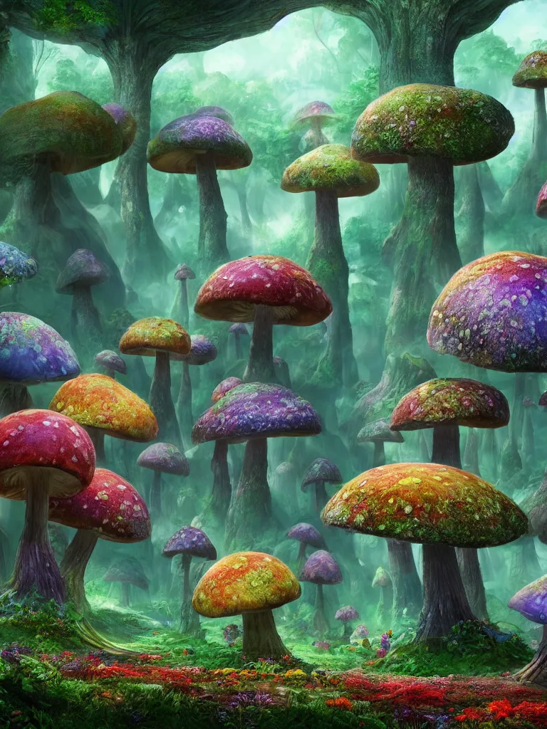 Image similar to a beautiful otherworldly fantasy landscape of giant mushroom trees forming canopies over bright colorful mythical floral plants, like alice in wonderland, rendering, cryengine, deep color, vray render, cinema 4 d, cgsociety, bioluminescent