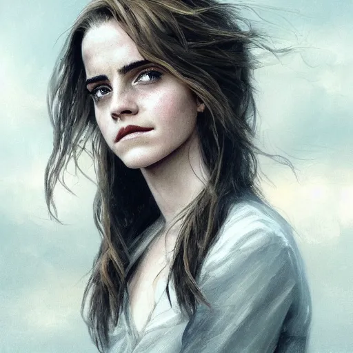 Image similar to portrait of emma watson, her hair waving in the wind, greg rutkowski