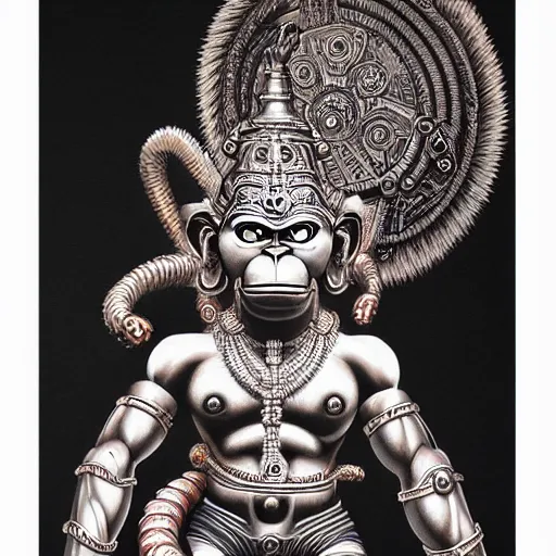 Prompt: biomechanical Hanuman , hyper-realistic portrait, intricate details, supersharp, hypermaximalist, dramatic lighting, hajime sorayama, Indian monkey god, photorealistic hanuman