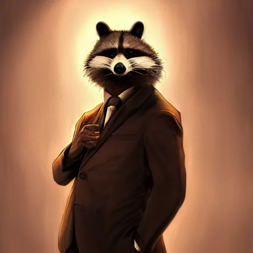 Image similar to a racoon wearing a suit smoking a cigar, dramatic lighting, cinematic, establishing shot, extremly high detail, photorealistic, cinematic lighting, artstation, style by James Gurney