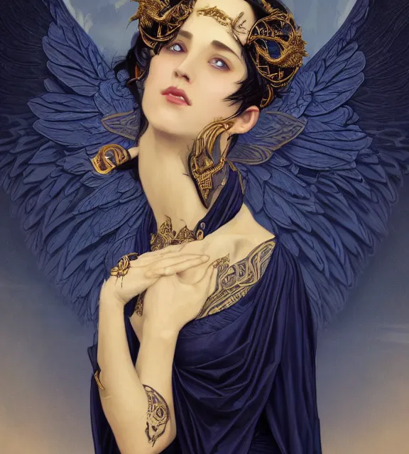 Image similar to god of death, young man, in the underworld, elegant dark blue dress, very detailed, throne, very intricate details, jewelry, gold line tattoos, elaborate long black hairstyle, wings, cinematic, artstation, william bouguereau, alphonse mucha, greg rutkowski, rossdraws, octane render