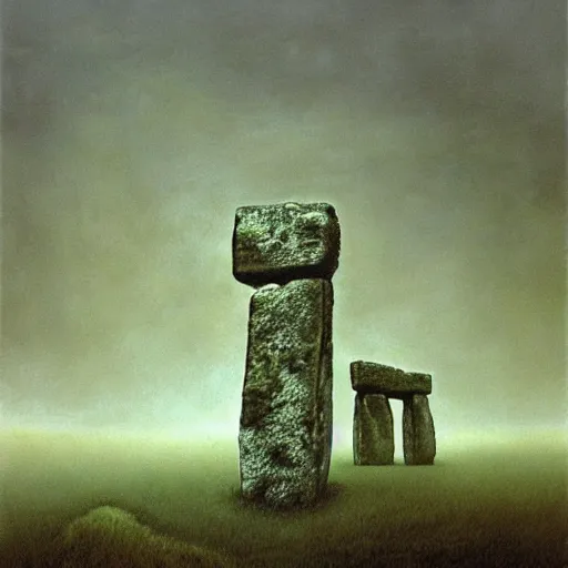 Prompt: arm reaching out of thick fog, stonehenge, zdzislaw beksinski