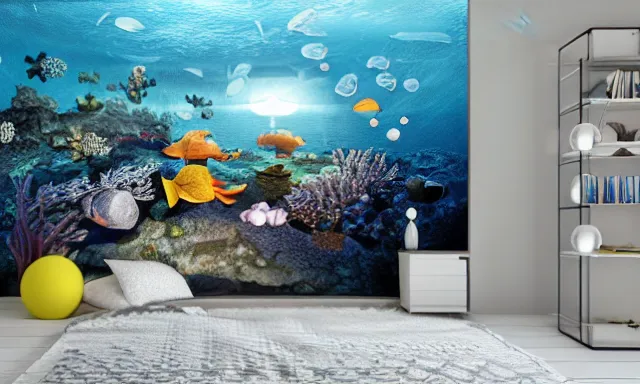 Image similar to a bedroom deep under the sea, photorealistic magazine picture, studio lighting, cozy, extremely detailed and realistic