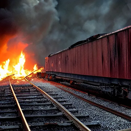 Image similar to trainwreck, boxcar on fire, atmospheric and depressed, post-apocalyptic, Cinematic, film still from a horror movie