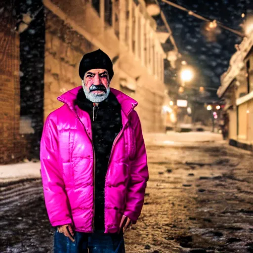 Image similar to Professional portrait of Saddam Hussein wearing a puffy pink jacket and a bucket hat in a snowy city street at night, 8k, dslr, cinematic,