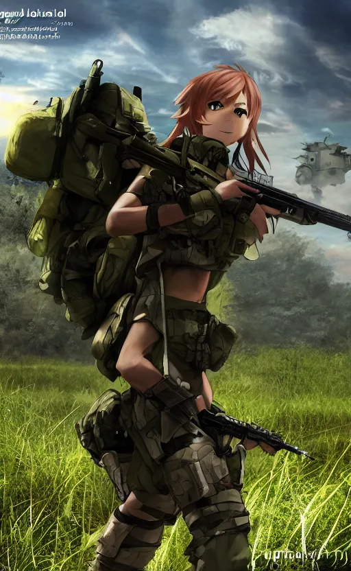Prompt: girl, trading card front, soldier clothing, combat gear, realistic anatomy, concept art, professional, by ufotable studio, green screen, volumetric lights, stunning, military camp in the background