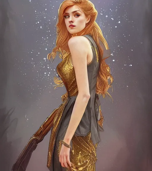 Image similar to katherine mcnamara wearing a golden dress, grey hair, red necktie, cinematic, stunning, highly detailed, digital painting, artstation, smooth, hard focus, full body shot, illustration, art by artgerm and greg rutkowski and alphonse mucha