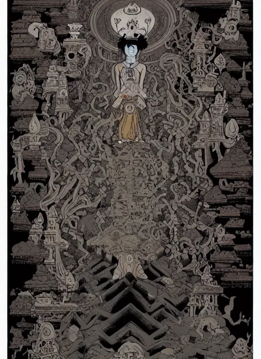 Image similar to Tibetan Book of the Dead as a Portal to Bardo, the world of lost souls, mystic illustration, extremly detailed, in the Style of Mike Mignola and Tomer Hanuka, trending on artstation