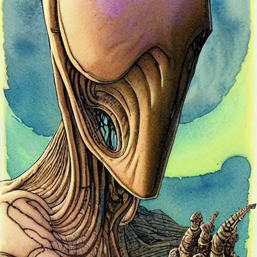 Prompt: a simple and atmospheric watercolour portrait of a pulp sci - fi alien repdiloid, very muted colors, by rebecca guay, michael kaluta, charles vess and jean moebius giraud