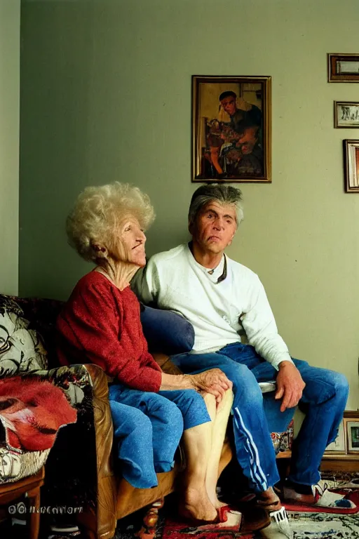 Image similar to portrait of russian athlete young man posing in his grandparents living room, his grandmother sitting on the sofa by a carpet on the wall, 1987, norman rockwell