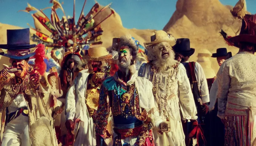 Image similar to movie still by alejandro jodorowsky of a carnival in the desert, cinestill 8 0 0 t eastmancolor technicolor, high quality, very detailed, heavy grain, fine facial features, 8 k, octane render