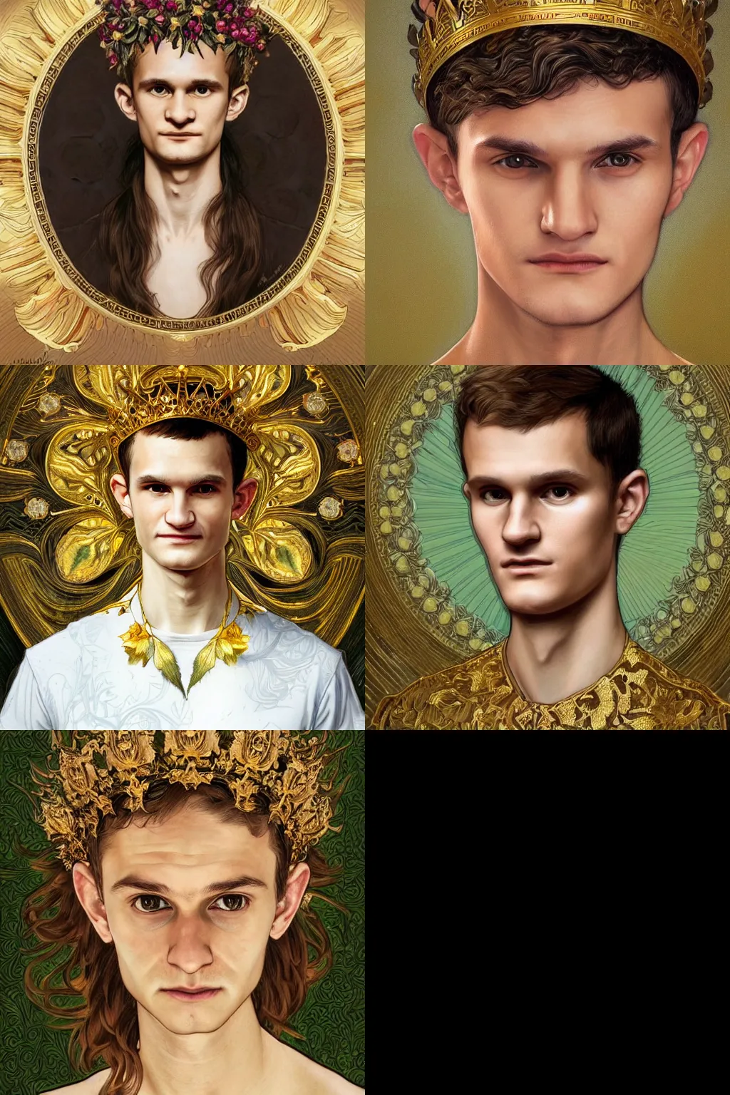 Prompt: Portrait of Vitalik Buterin wearing a floral crown, olive skin, beautiful bone structure, shiny gold background, intricate, elegant, highly detailed, digital painting, artstation, concept art, smooth, sharp focus, illustration, art by artgerm and greg rutkowski and alphonse mucha