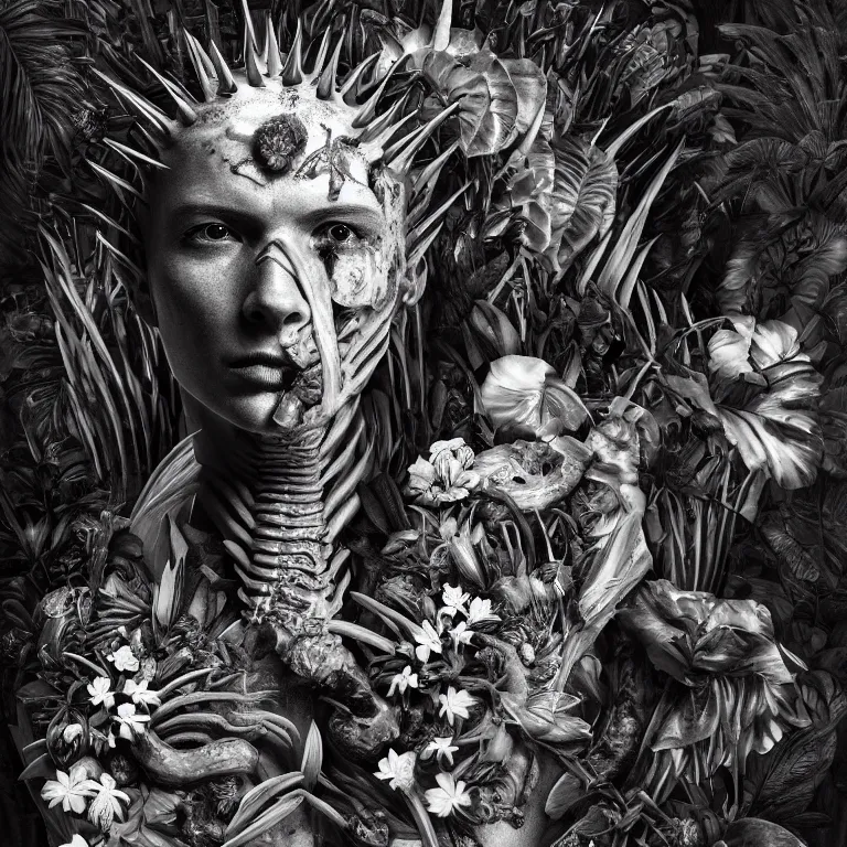 Image similar to portrait of faceless warrior, surrounded by beautiful tropical flowers, tropical fruit, human spine, rotten meat flesh with colorful mold, muscle tissue, spikes, baroque painting, beautiful detailed intricate insanely detailed octane render, 8K artistic photography, photorealistic, chiaroscuro, Raphael, Caravaggio, H.R.Giger, BW digital art