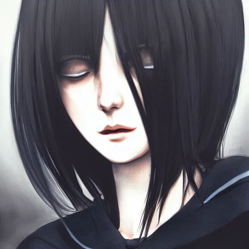 Image similar to heroine, beautiful, sui ishida with black hair, hyperrealistic, highly detailed, 8 k, a real photographic, digital art, character, realistic, full body portrait, symatrical, dark atmospheric lighting, artstation, symetric, lineart