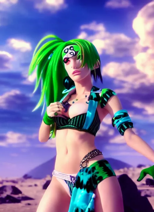 Image similar to cinematic scene with bella thorne as jolyne from jojo's bizarre adventure, stone ocean, dramatic, small details, volumetric lighting, still frame