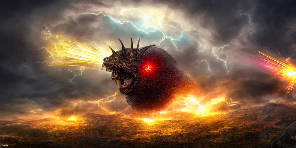 Prompt: award winning Cacodemon over a hdri sky with intricated spells and stormcloud glimpses of flares and beams airbrush tones