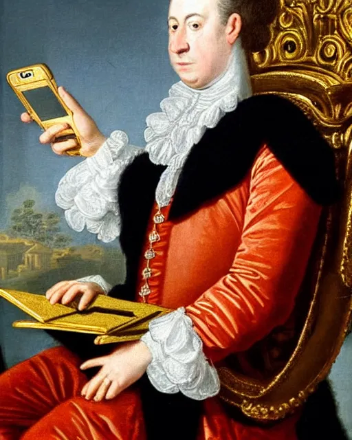 Image similar to 1 7 0 0 s painting royal portrait of the king of england checking his twitter feed on his cellphone while sitting on his throne gold crown