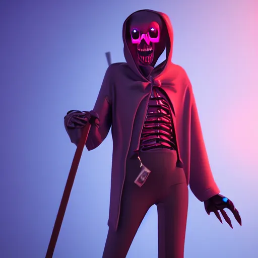 Image similar to candypunk grim reaper, character design, dollpunk, high quality digital art, render, octane, redshift, volumetric lighting, oled